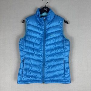 Marmot Puffer Vest Womens Medium Blue 800 Fill Down Full Zip Pocket Mock Neck